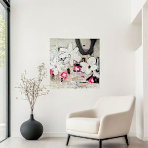 She Did Make It A Point To Say by Miriam Traher  Image: She’s bold, she’s textured, and she definitely has the last word. This piece features big, fun floral shapes emerging from a complex history of nine paper layers and mixed media marks. With its childlike humour and sophisticated composition, She Did Make It A Point To Say is a reminder that the best things happen when you dig a little deeper.


