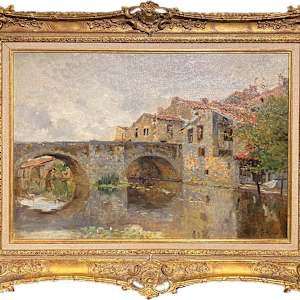 Bridge on the River or Near the Sables d'Olonne, Vendee by Edmond Marie PETITJEAN (1844-1925)