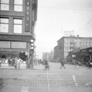 Tranquil Morning - Hastings and Abbott (Woodwards 1923) by Tom Carter  Image: Reference image: 
Abbott St. looking north from Hastings St.   W.J.Moore   22 Oct. 1923 
City of Vancouver Archives AM54-S4-: Str N48