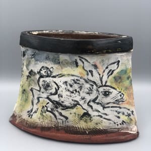 Rabbit and Fox Oval Vase by Ron Meyers