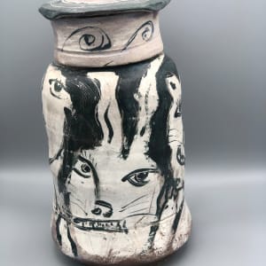 Large Black & White Lidded Vessel with the Usual Suspects by Ron Meyers 