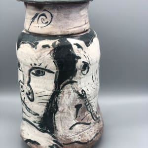 Large Black & White Lidded Vessel with the Usual Suspects by Ron Meyers 