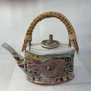 Pink Goat & Grey Cat Teapot with Rattan Handle by Ron Meyers
