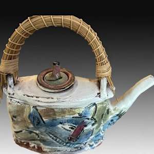 Pink Goat & Grey Cat Teapot with Rattan Handle by Ron Meyers 