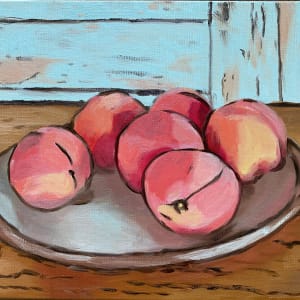 Six peaches on a plate