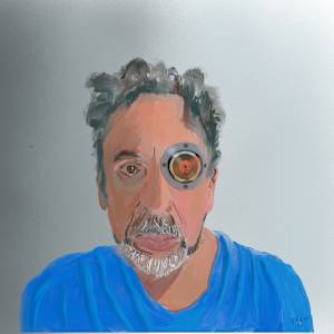 Self With Cyborg Eye Looking at a Flower by Stephen Shaw