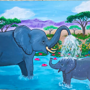 Mother Elephant Bathing Baby Elephant by Kathy Losonczy