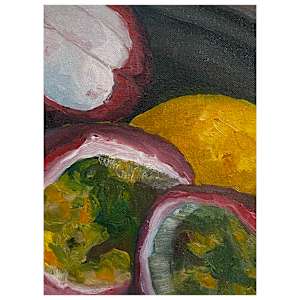 Breakfast in Hong Kong (pomegranate, mago & mangosteen), 2022 by Jen Chau
