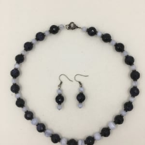 Necklace/Earring Set - Black Goldstone and Bluelace Agate by Beverly Iber 