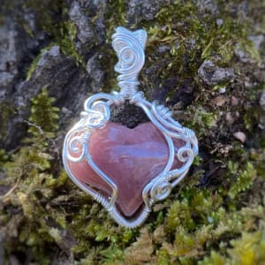 Strawberry Quartz Heart in Silver-Filled Wire with Stainless Steel Chain by Pamela Dexter 