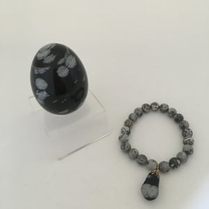 Gray picture agate and snowflake obsidian stretch bracelet by Beverly Iber 