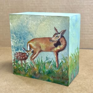 Deer with Fawn by April Rimpo  Image: Painting on watercolor attached to a wook block. The painting extends around the sides of the block. Can be stood up on a shelf or placed on a table with the back facing down. Fun for tiny spots that just need a spot of life.