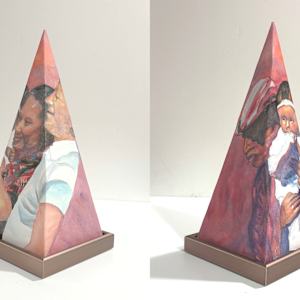 Celebraciones by April Rimpo  Image: This image features the metal base that lifts the sculpture up.  Front and back views of the sculpture.