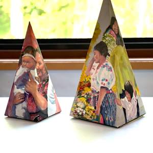 Friends and Family by April Rimpo  Image: Shown with my other 3-D watercolor pyramid painting titled Celebraciones.