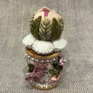 Pink and white Vintage Flower Wooden Spool by Christine Shively Benjamin  Image: Full back view