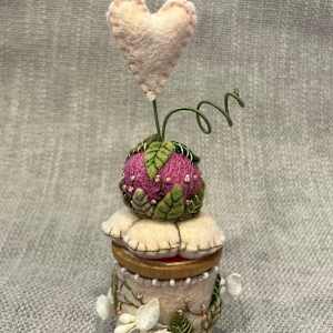Pink and white Vintage Flower Wooden Spool by Christine Shively Benjamin  Image: Full back view