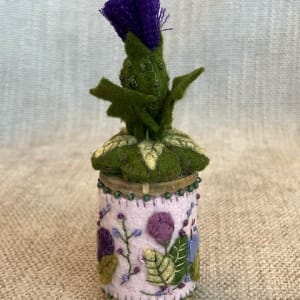 Thistle and Morning Glory Wooden Spool by Christine Shively Benjamin  Image: Full view angle two