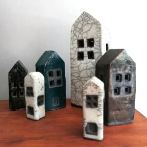 Raku House - white ash IV by Jo Richards Mixed Media Artist 