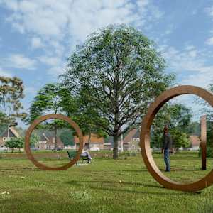 The Circle Conversation Maquette - 8" Circle on Black Base by Courtney Cotton  Image: Rendering of final project. 3 eight foot circles