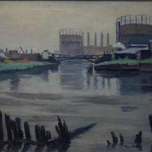 Chicago River with Gas Storage Tanks and Bridge by Tunis Ponsen 