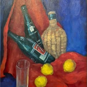 Still Life with 7UP bottles, Lemons, Gin on a Red Drape by Tunis Ponsen 
