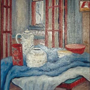 Still Life with Red bowl, Vase and White Pitcher on Red Table by Tunis Ponsen 
