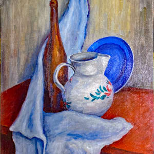 Still life w Wine Bottle, Blue Plate and Pitcher on Red Table by Tunis Ponsen 