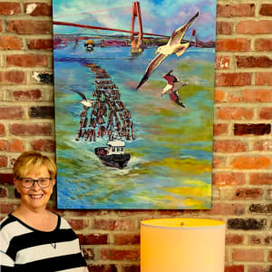 'The Working River'  Image: Sherron,  it was such a pleasure to work with you on the painting I commissioned of the activity in the Fraser River in New Westminster. Throughout the process you offered options for size and shape, colour and composition. I knew you wanted me to love the painting in my room and for it to represent what I saw in the river.  I appreciate the frequent drawings and photographic drafts.  When I saw how the work was progressing I was happy to let you take control and express your artistry.  I am delighted with the finished painting.  It represents the working river in New Westminster, it looks gorgeous in my home and it makes me smile every time I look at it.