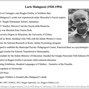 Loris Malaguzzi, Reggio-Inspired, Arts & Well-Being in Community by Norwood Creech  Image: Loris Malaguzzi (1920-1994). p3.