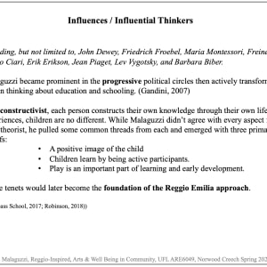 Loris Malaguzzi, Reggio-Inspired, Arts & Well-Being in Community by Norwood Creech  Image: Influences / Influential Thinkers. p4.