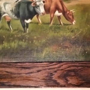Pastoral Folk Art Farm painting with Two Cows by Unknown 