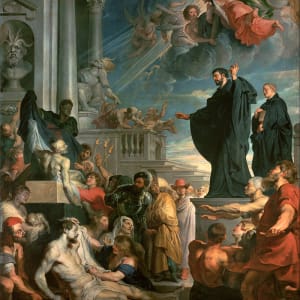 The Miracles of St. Francis Xavier after Rubens by William Unger  Image: Ungers etching is after a large (5.35 x 3.95m) altarpiece in the same direction painted by Paul Rubens in 1617-1618 for the Jesuit church in Antwerp, and subsequently in the Kunsthistorisches Museum, Vienna