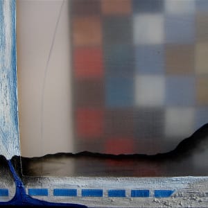 Acadian Dreams by Susan Stair  Image: Detail showing the painted silk inset in the canvas and the oil paint collaged quilt that shows behind it.