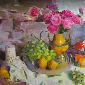 Still Life with Pink Mums and Pears by Sergey Kovalenko