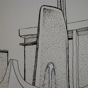 Pen & Ink Confederation Square Fountain Victoria BC by HB Barry Strasbourg-Thompson BFA 