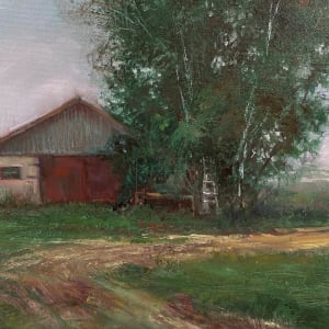Through The Rain by Crystal Beshara  Image: In this serene depiction of rural Ontario, a weathered barn nestles quietly beneath a canopy of lush summer foliage. The muted tones and soft, misted sky evoke the hushed stillness that lingers after rainfall. Worn pathways lead the viewer’s eye toward the heart of the scene, inviting a sense of nostalgia and connection to the land. The damp earth, the whisper of leaves and the enduring presence of structures that have stood for generations. It is both a love letter to the countryside and an intimate reminder of time’s quiet passage.