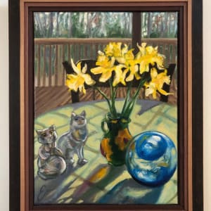 Cats with Dafodils  Image: Framed with multible layers of wood.