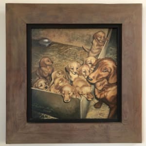 Golden Labs  Image: The wide frame seemed necessary to continue the theme of puppies in a stark box.