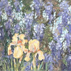 Wisteria Paintings by Emily Eve Weinstein  Image: Wisteria with Irises, 12"x16", oil on canvas, 3/23 - SOLD to Linda Hee for 285 on 6/24/23