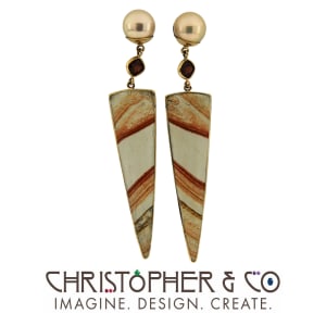 CMJ W 21169  Gold earring pair designed by Christopher M. Jupp  set with Jasper, Garnet & Pearl.