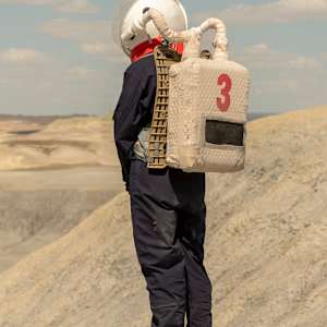 ANALOG ASTRONAUTS  4 by Kris Davidson  Image: Detail—Analog astronauts on EVA at the Mars Desert Research Station in Utah. No AI.