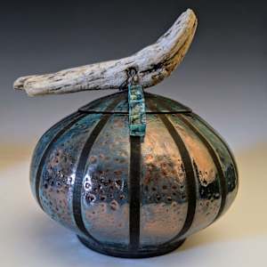 Turquoise Striped Raku Jar by Nancy Jakubowski