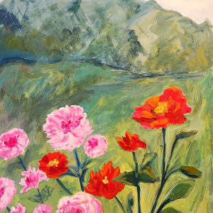 Roses and the Blue Mountains, Australia by Cathy Hirsh
