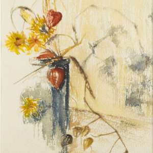 Untitled, Vase With Chinese Lanterns And Yellow Flowers by Joan Fai Shih