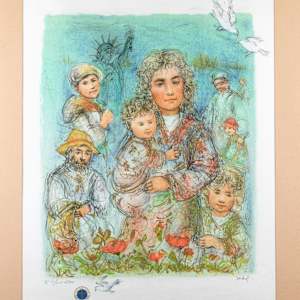 Untitled (Family, Statue Of Liberty And Doves) by Edna Hibel