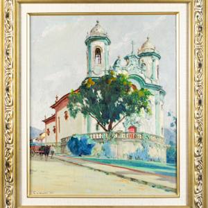 Street Scene With Church And Man With Donkey Cart by Hose Marques Campao