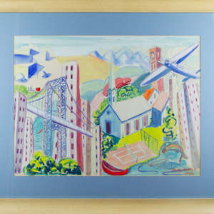 City Scape With Bridge And Airplane by Gladys Pullas