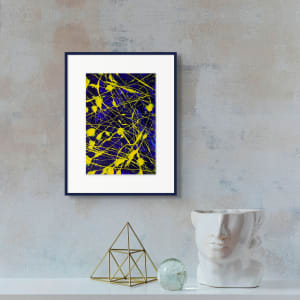 Electric by Bridget Bradley  Image: 'Electric' Abstract on Paper Seen Framed  and Hanging Above Ornaments. Hand-painted by Bridget Bradley