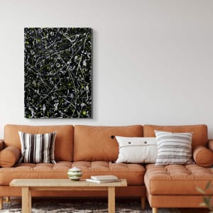 Space Rock by Bridget Bradley  Image: 'Space Rock' Original Abstract Expressionism Painting Seen Hanging Above Tan leather Sofa. Hand-painted by Bridget Bradley