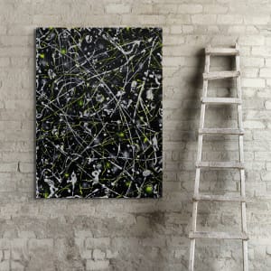 Space Rock by Bridget Bradley  Image: 'Space Rock'  original Abstract Canvas Painting Seen Hanging On Brick Wall by Ladder. Hand-painted by Bridget Bradley